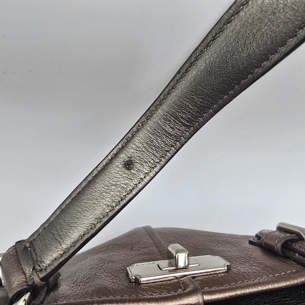 Coach Gun Metal Metallic Bronze Leather Satchel Handbag Silver‎ Hardware